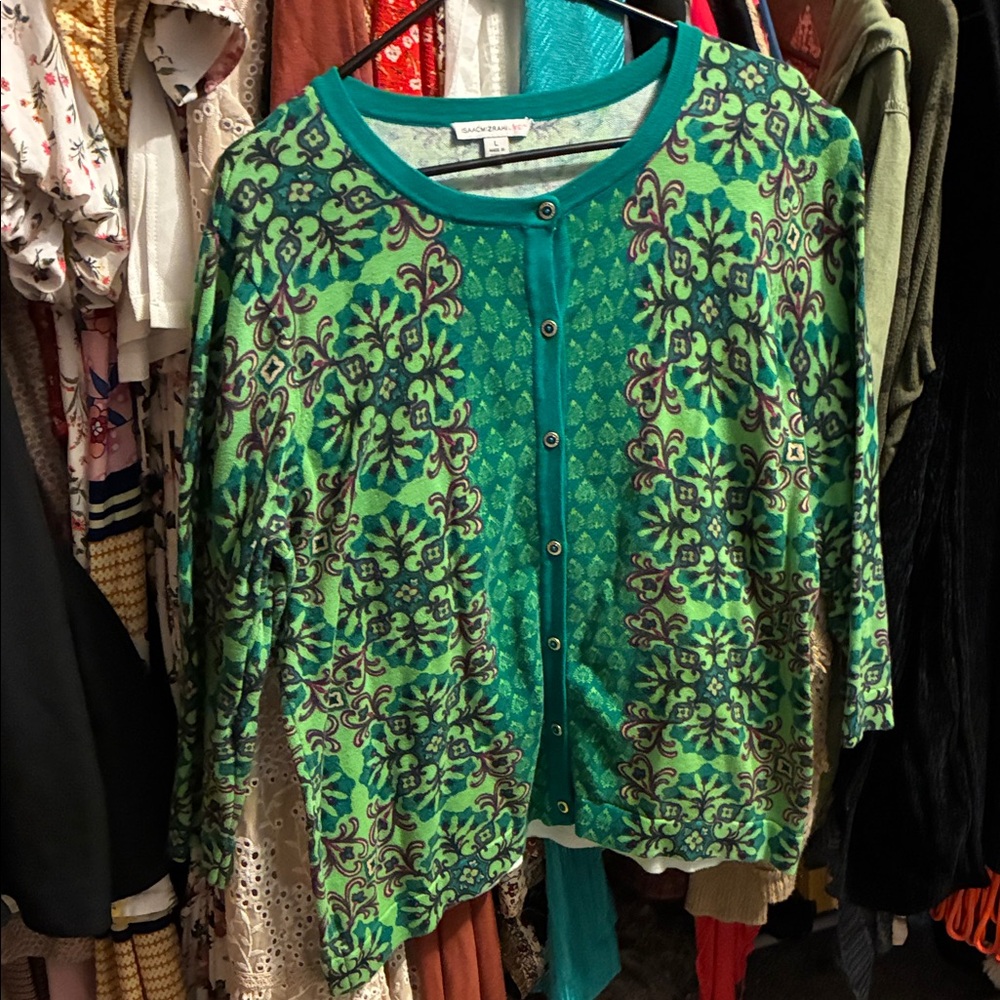 Isaac Mizrahi Teal and Brown Button Down Shirt